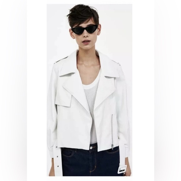 Zara White Faux Leather Moto Jacket Belted Oversized Lapel Medium - Picture 2 of 10
